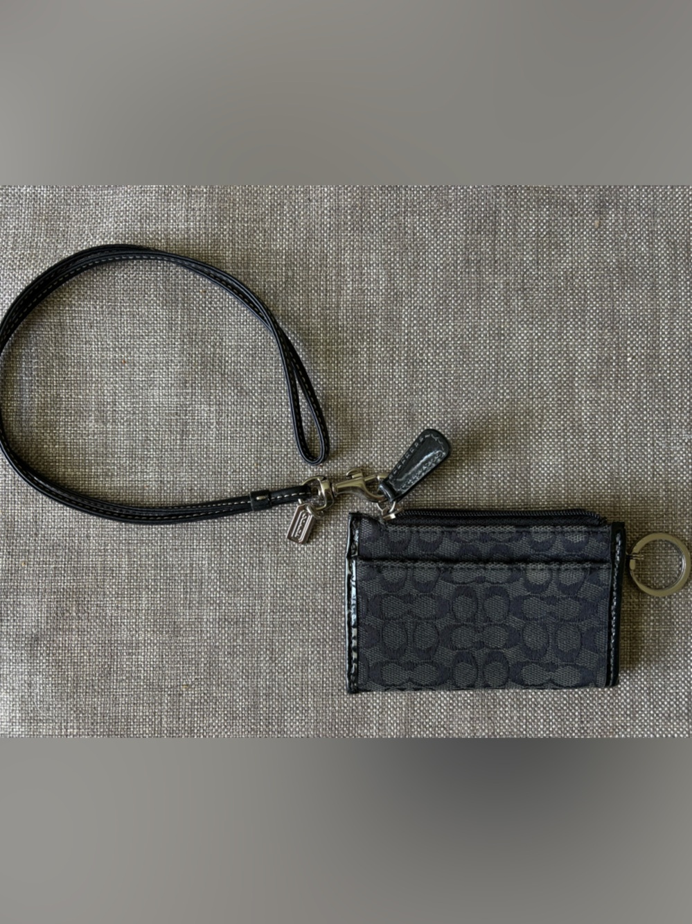 Coach Black Signature Jacquard Lanyard Card Holder with Key Ring